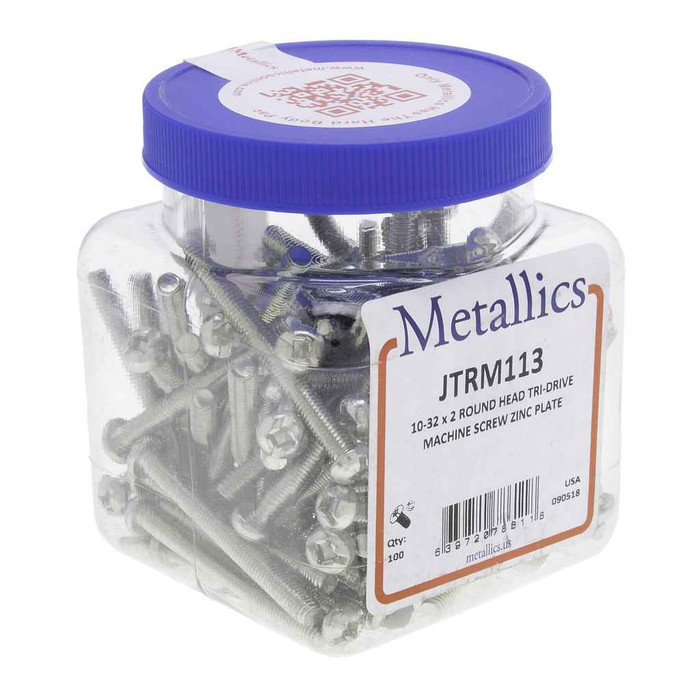 Metallics JTRM113 10-32 x 2 in. Round Head Tri-Drive Machine Screws - Steel Zinc - 100qty