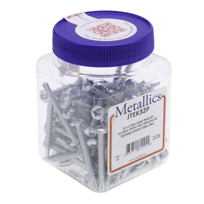 Metallics JTEK32P 12 x 2 in. Pan Head Phillips Self-Drilling & Tapping Screws - #3 Drill Point- Steel Zinc - 100qty