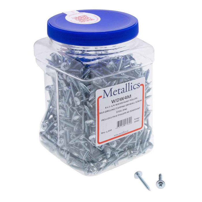 Metallics WDW4M 8 x 1-1/4 in. Wafer Head Phillips Sharp Point Drywall Screws - Steel Zinc - 1000qty