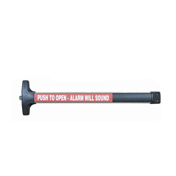 Detex V40EEX-W Weatherized Delayed Egress Exit Device, 36 in., aluminum finish, less dogging, 15-second delay, red label bar reading PUSH TO OPEN - ALARM WILL SOUND
