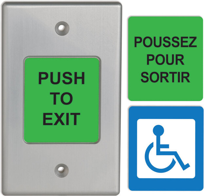 Camden CM-9700 Series 2" Piezoelectric Push/Exit Switch, with 3 English and French labels (‘PUSH TO EXIT’, POUSSEZ POUR SORTIR, WHEELCHAIR Symbol)