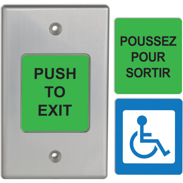 Camden CM-9700 Series 2" Piezoelectric Push/Exit Switch, with 3 English and French labels (‘PUSH TO EXIT’, POUSSEZ POUR SORTIR, WHEELCHAIR Symbol)