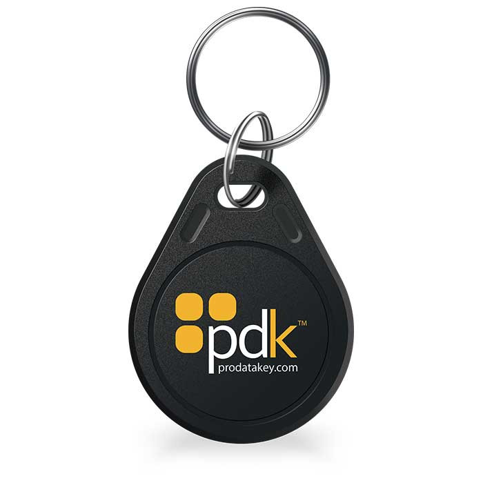 Prodatakey PDK black RFID key fob credential with split ring, front view showing PDK logo