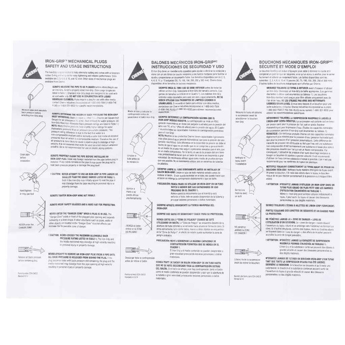 OATEY 268038 Cherne® 3" Iron Grip Bypass Plug, 11 PSI