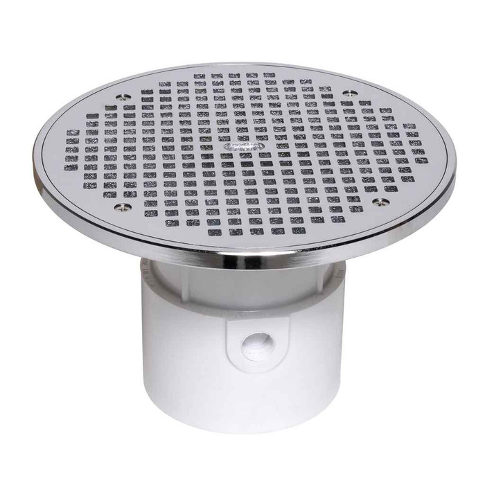 OATEY 72388 4" PVC General Purpose Pipe Fit Drain w/ 10" Cast CHR Grate & Round Top