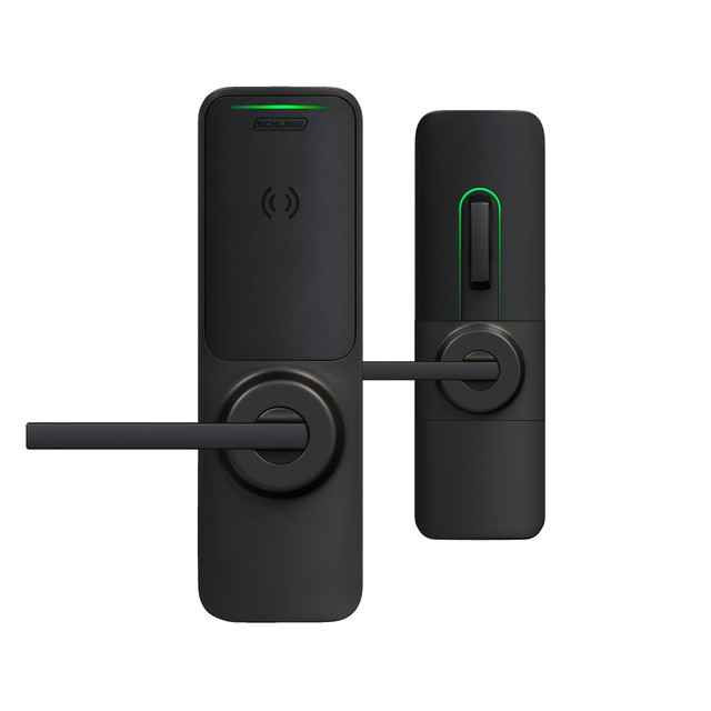 Schlage XE360M Grade 1 Wireless Mortise Deadbolt with Bluetooth and NFC Mobile Reader, Privacy/Apartment Function — front and back exterior trim shown in Matte Black (622) with Broadway lever
