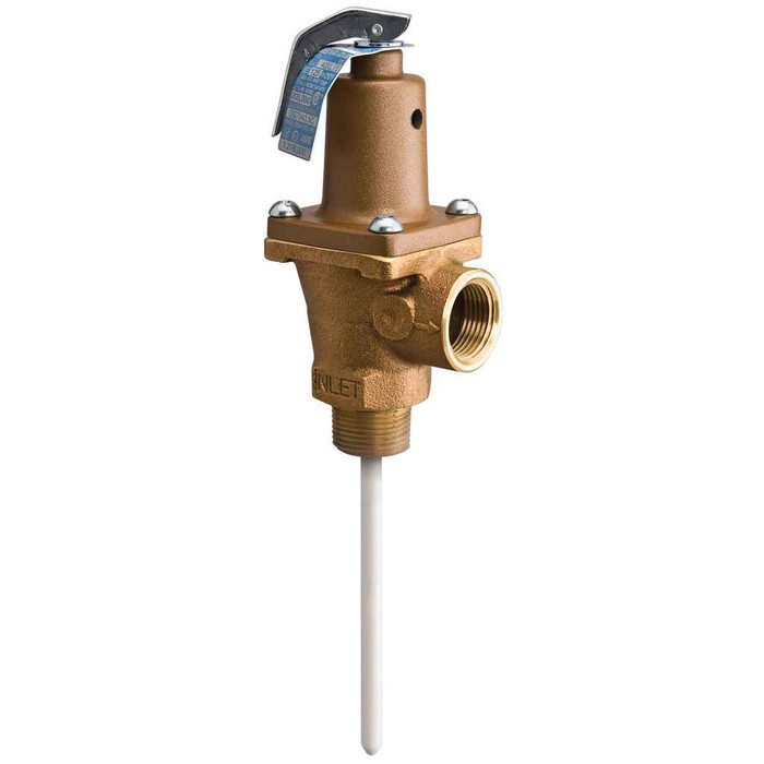 Watts 40XL-7-150210 1 1 In Bronze Automatic Reseating Temp And Pressure Relief Valve, 150 psi, 210 degree F, Test Lever, 8 In Extension Thermostat