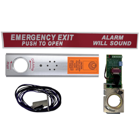 Falcon 25-EAK 25 Series Exit Alarm Kit components including crossbar, emergency exit decal, alarm circuit board, and wiring harness - battery powered, 110 dB alert, Satin Chrome (US26D), 3-foot width