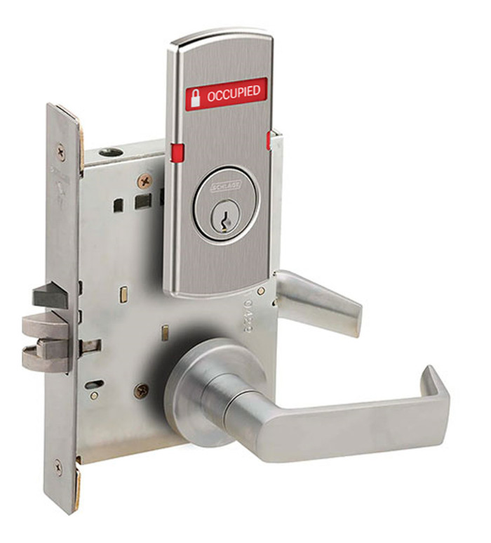 Schlage L9050 - Entrance/Office 06 Lever Mortise Lock - Grade 1 Non-Deadbolt Function Single Cylinder Keyed Lever Lock, Interior Indicator LOCK/UNLOCKED, Outside OCCUPIED/VACANT Indicator
