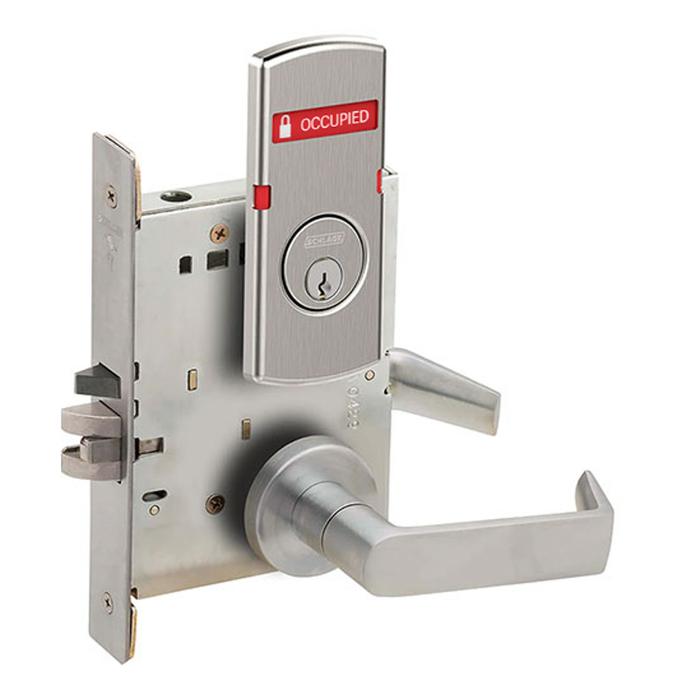Schlage L9050 - Entrance/Office 06 Lever Mortise Lock - Grade 1 Non-Deadbolt Function Single Cylinder Keyed Lever Lock, Interior Indicator LOCK/UNLOCKED, Outside OCCUPIED/VACANT Indicator