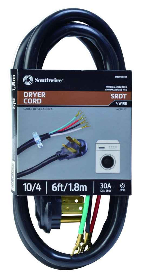 Southwire 91568808 9156SW8809 Dryer Replacement Cord - 10/4 30-Amp Round SRDT 4-Wire 6' with NEMA 14-30 Plug - Gray Southwire 91568808 9156SW8809 Dryer Replacement Cord - 10/4 30-Amp Round SRDT 4-Wire 6' with NEMA 14-30 Plug - Gray