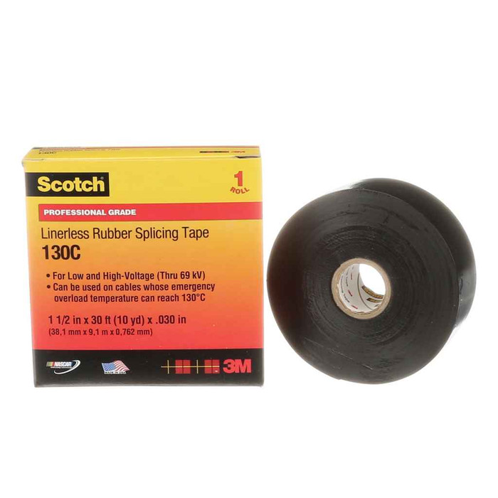 3M 7000006086 Scotch Linerless Rubber Splicing Tape 130C, 1-1/2 in x 30 ft, Black, 1 roll/carton, 12 rolls/Case