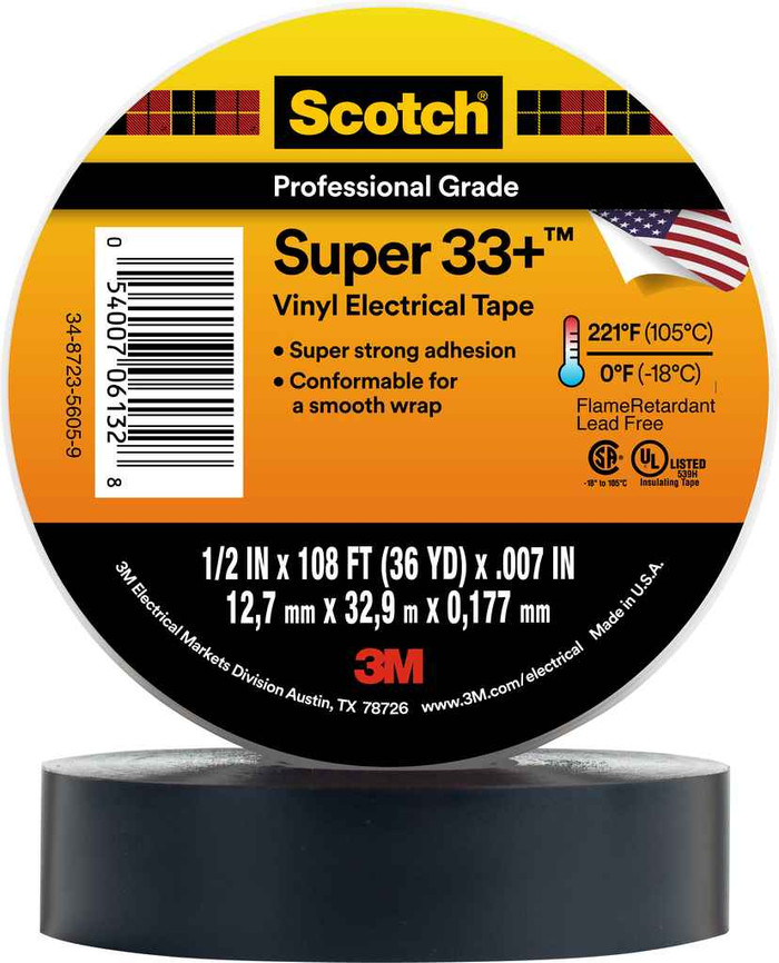 3M 7000057496 Scotch Vinyl Electrical Tape 33, 1/2 in x 36 yd, Black, 48 rolls/Case