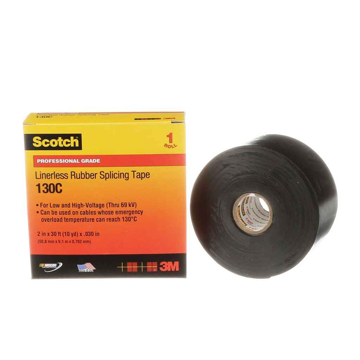 3M 7000006091 Scotch Linerless Rubber Splicing Tape 130C, 2 in x 30 ft, Black, 12 rolls/Case