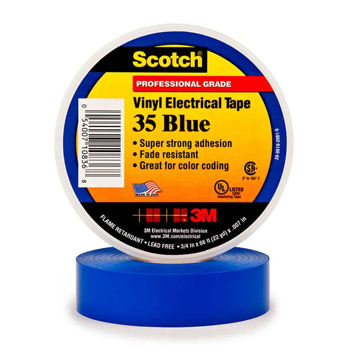 3M 35-1/2X20FT-BL Scotch Vinyl Color Coding Electrical Tape 35, 1/2 in x 20 ft, Blue, 10rolls/carton, 100 rolls/Case