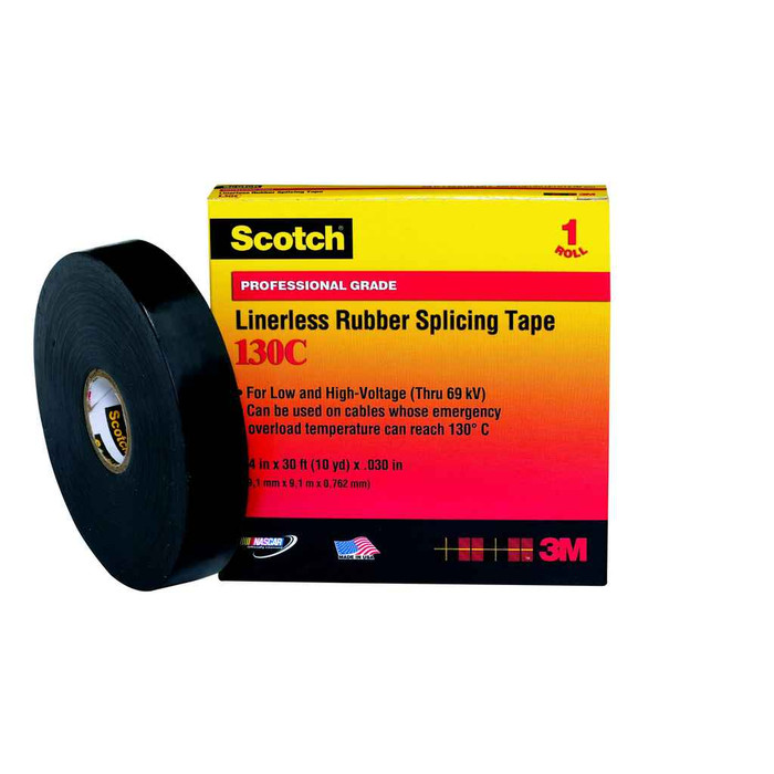 3M 130C-3/4X30FT Scotch Linerless Rubber Splicing Tape 130C, 3/4 in x 30 ft, Black, 1roll/carton, 24 rolls/Case 3M 130C-3/4X30FT Scotch Linerless Rubber Splicing Tape 130C, 3/4 in x 30 ft, Black, 1roll/carton, 24 rolls/Case