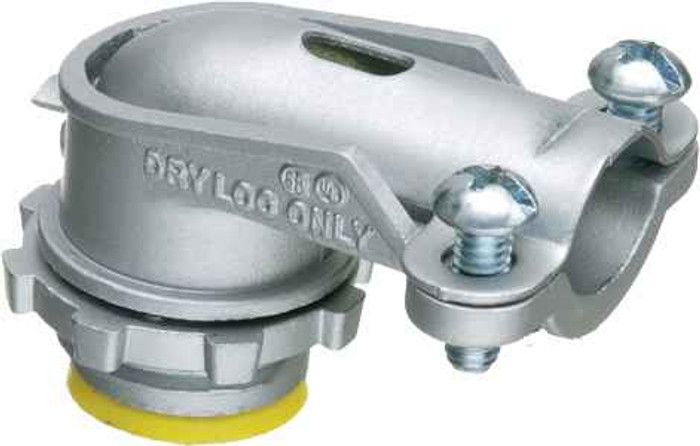 Arlington Industries 852A Zinc die-cast, 90 degree 2 screw flex connector for aluminum and steel Flex. Secures into a 1/2" Knockout with a diecast locknut. Accommodates cable range 1.330 to 1.085. Insulated throat.