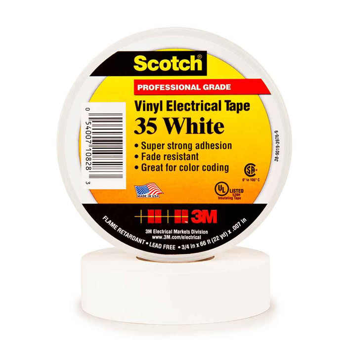 3M 35-1/2X20FT-WH Scotch Vinyl Color Coding Electrical Tape 35, 1/2 in x 20 ft, White, 10rolls/carton, 100 rolls/Case