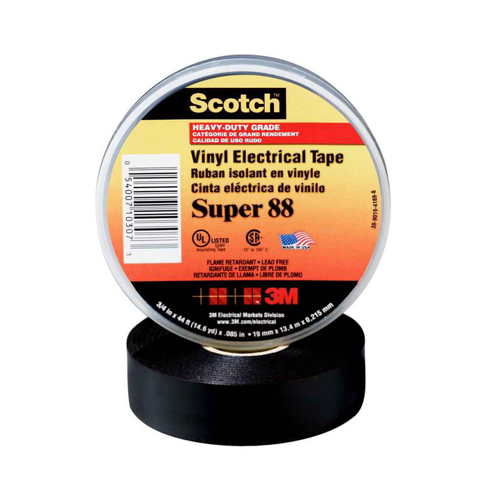 3M 88-3/4X66FT Scotch Vinyl Electrical Tape Super 88, 3/4 in x 66 ft, Black, 10rolls/carton, 100 rolls/Case