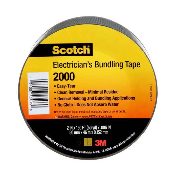 3M 7000031684 Scotch Electricians Duct Tape 2000, 2 in x 50 yd, 12 Roll Display, 12 Rolls/Case