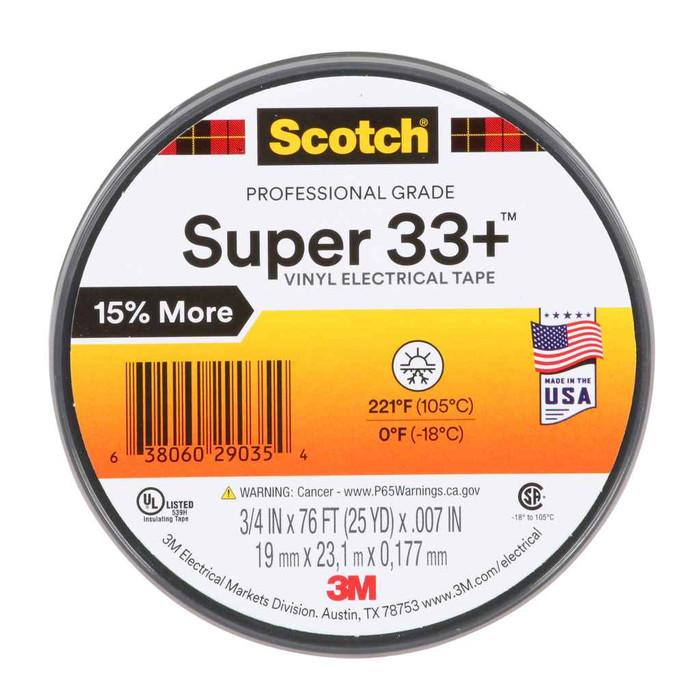 3M 7100201470 Scotch Super 33+ Vinyl Electrical Tape, 3/4 in x 76 ft, 1 in Core, Black, 10 rolls/carton, 100 rolls/Case