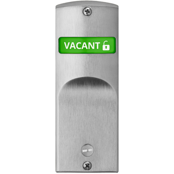 Corbin Russwin ML193 Grade 1 V20 Indicator for Sectional Trim with Cointurn - Satin Stainless Steel finish - exterior face showing VACANT in green with unlocked icon