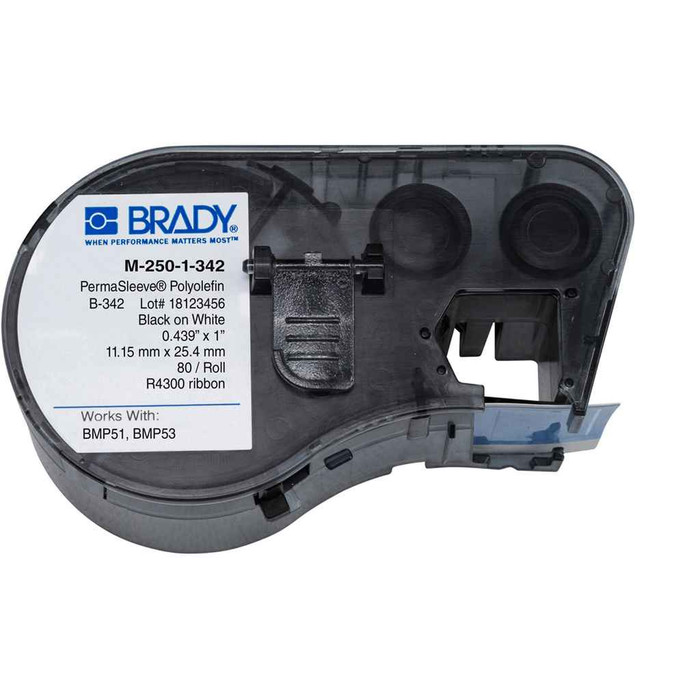 Brady M-250-1-342 BMP51 BMP53 PermaSleeve Polyolefin Wire Marking Sleeves, Cartridge of 80 Each, 0.439" H x 1" W