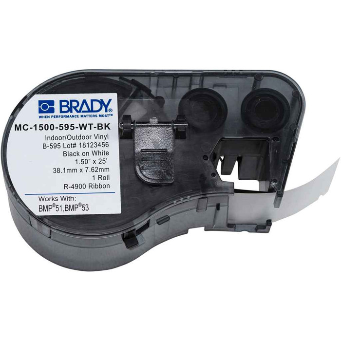 Brady MC-1500-595-WT-BK BMP51 BMP53 Indoor-Outdoor Vinyl Labels, 1.5" W x 25' L - Black on White