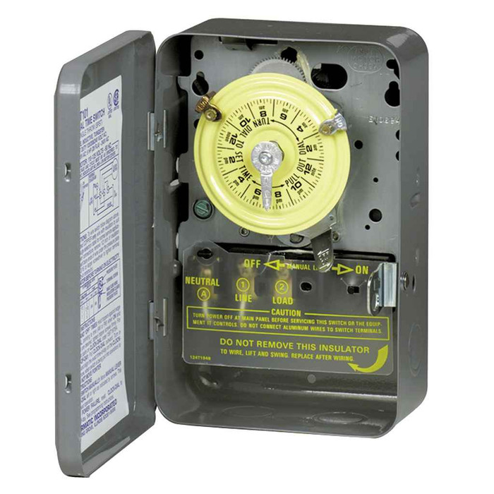 Intermatic T105 24-Hour Mechanical Time Switch, 120 VAC, 60Hz, 1 NO/1 NC, SPDT, Indoor Metal Enclosure, 1 Hour Interval