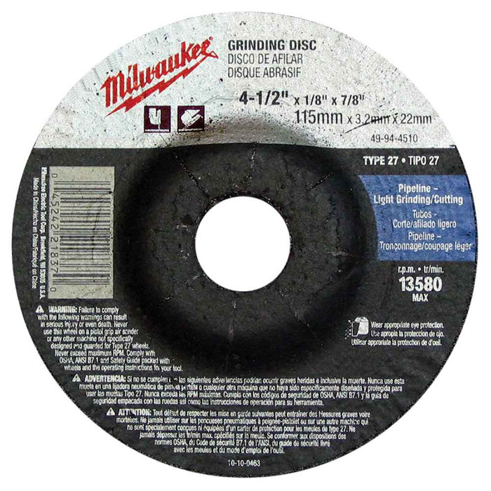 Milwaukee Tool 49-94-4510 4-1/2" x 1/8" x 7/8" Grinding Wheel (Type 27)