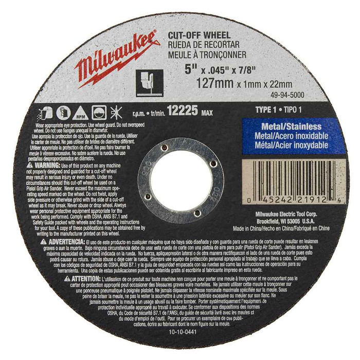Milwaukee Tool 49-94-5000 5" x .045" x 7/8" Cut-Off Wheel (Type 1)