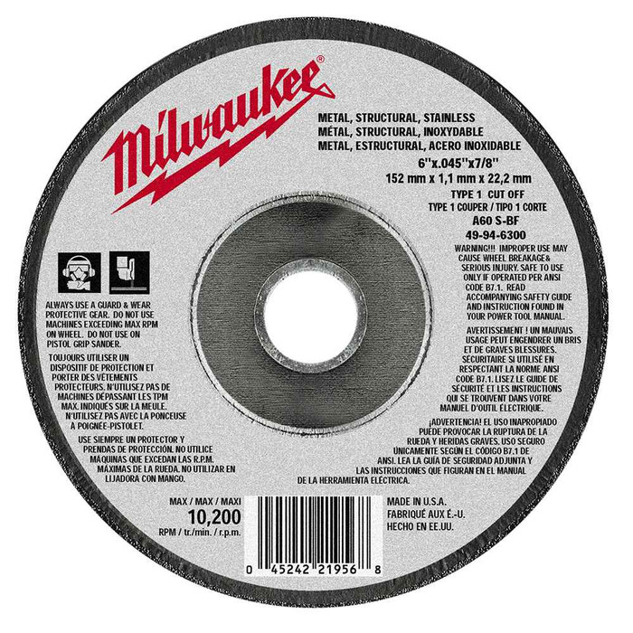 Milwaukee Tool 49-94-6300 6" x .045" x 7/8" Cut-Off Wheel (Type 1)