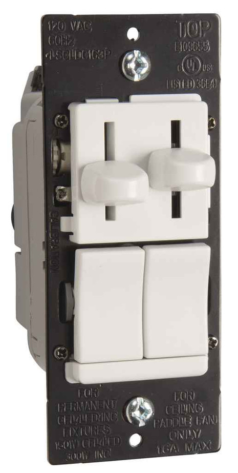 Pass & Seymour LSCLDC163PW LS Series CFL/LED/Incandescent Single Pole/3-Way Slide Dimmer with Single Pole/3-Way, 3-Speed De-Hummer Fan Control, Preset, White