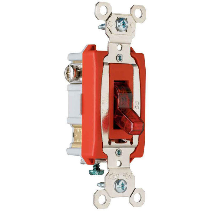 Pass & Seymour PS20AC1RPL Industrial Extra Heavy-Duty Specification Grade Toggle Switch, Back and Side Wire, Lighted When On, Red