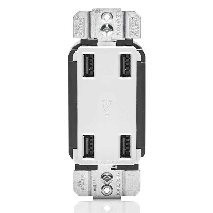 Leviton USB4P-W 4.2A 4-Port USB Type-A Wall Outlet Charger, White