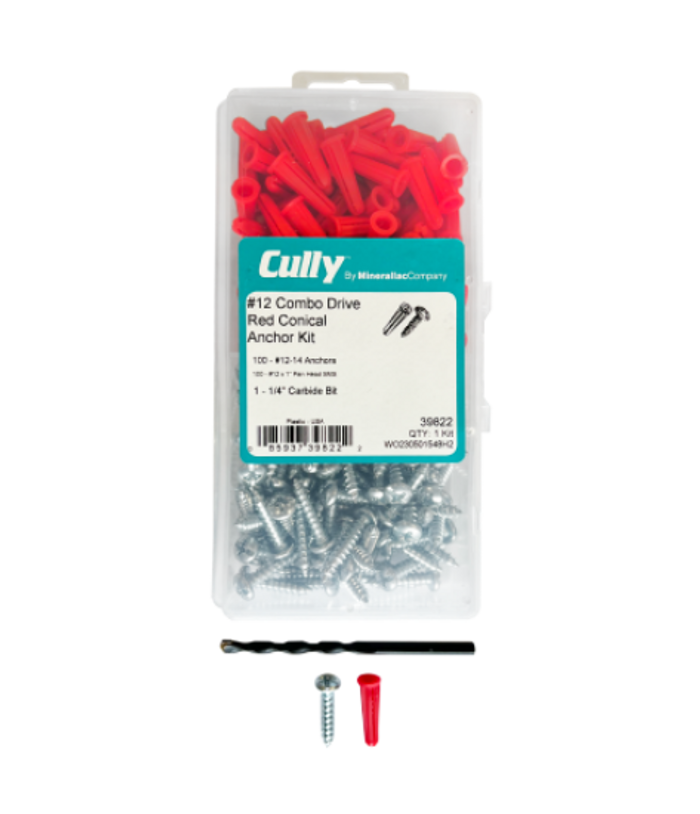 Minerallac Phillips/Slotted Pan Head Red Conical Anchor Kit #12 x 1" with Carbide Drill Bit - 201 Piece Professional Fastening System