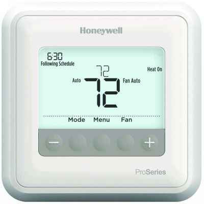 Honeywell TH4110U2005/U T4 Pro Programmable Thermostat, 1 Heat/1 Cool, compatible with Heat Pump and Conventional Systems – front view showing LCD display with temperature, fan, and mode controls
