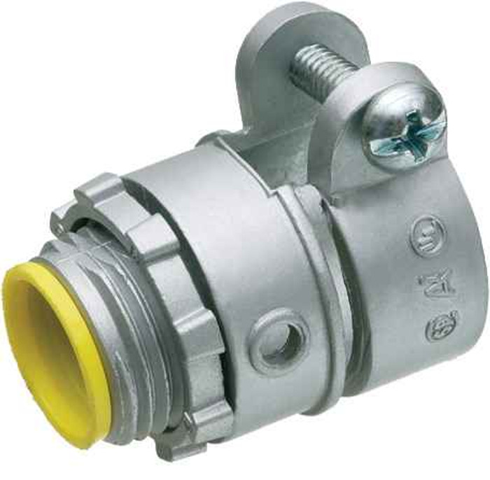 Arlington Industries L422A Zinc die-cast, single screw, 3/4" knockout squeeze connector with round end stop. For Flex, AC, MCI cable. Concrete tight when taped. End stop diameter: .820. With insulated throat