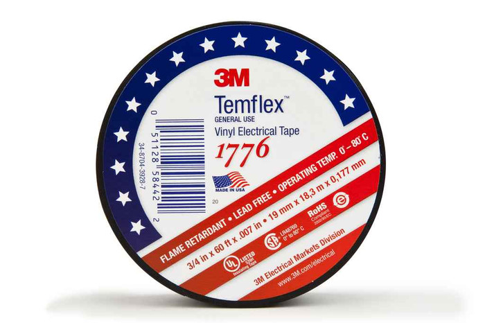 3M 7010398066 3M™ Temflex™ Vinyl Electrical Tape 1776, 3/4 in x 60 ft, 1-1/2 in Core, Black, 1 roll/carton, 100 rolls/Case