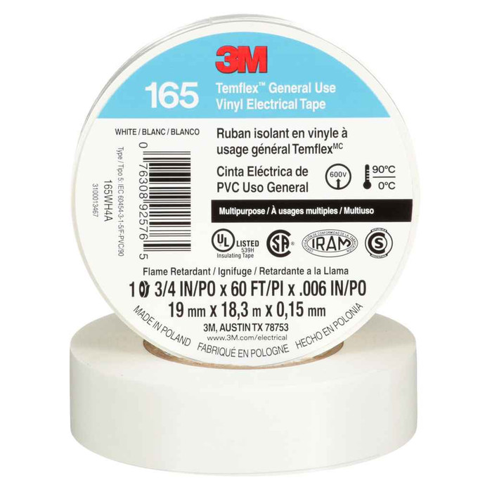 3M 7100169491 3M™ Temflex™ Vinyl Electrical Tape 165, White, 3/4 in x 60 ft (19 mm x 18 m), 6 mil, 100 Rolls/Case