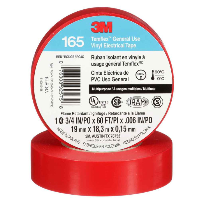 3M 7100169492 3M™ Temflex™ Vinyl Electrical Tape 165, Red, 3/4 in x 60 ft (19 mm x 18 m), 6 mil, 100 Rolls/Case