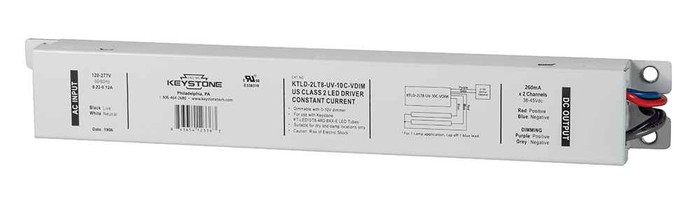 Keystone KTLD-2LT8-UV-10C-VDIM LED Driver for (1-2) KT-LED10T8-48G-8xx-E; 0-10V dimming, 270 mA output current