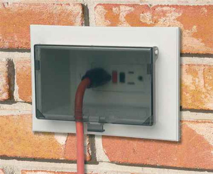 Arlington Industries Low Profile Recessed Electrical Box for New Brick Construction with Weatherproof In-Use Cover - Horizontal White with Clear Cover Arlington Industries Low Profile Recessed Electrical Box for New Brick Construction with Weatherproof In-Use Cover - Horizontal White with Clear Cover