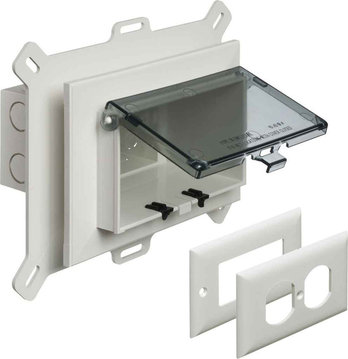 Arlington Industries Low Profile Electrical Outlet Box for New Vinyl Siding Construction - Horizontal Orientation with Extra Duty Clear Cover, Kit Components Shown