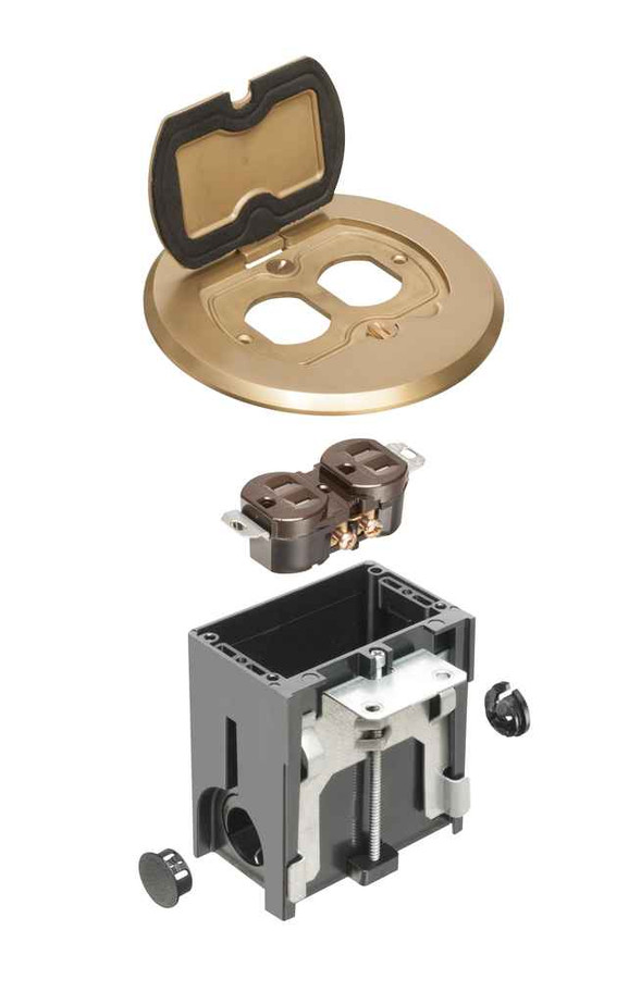 Arlington Industries Round Adjustable Floor Box 5.750" Brass with Flip Lids and Tamper Resistant Duplex Receptacle Arlington Industries Round Adjustable Floor Box 5.750" Brass with Flip Lids and Tamper Resistant Duplex Receptacle