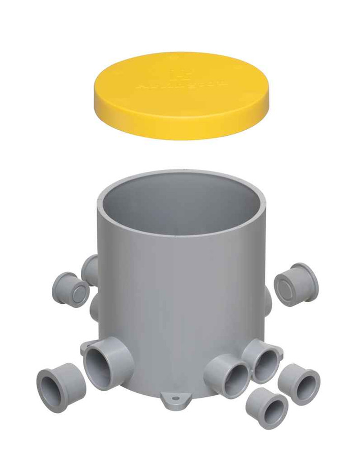 Arlington Industries 5.5" Non-Metallic Concrete Floor Box with Six Conduit Hubs and Low Voltage Divider Slots Arlington Industries 5.5" Non-Metallic Concrete Floor Box with Six Conduit Hubs and Low Voltage Divider Slots