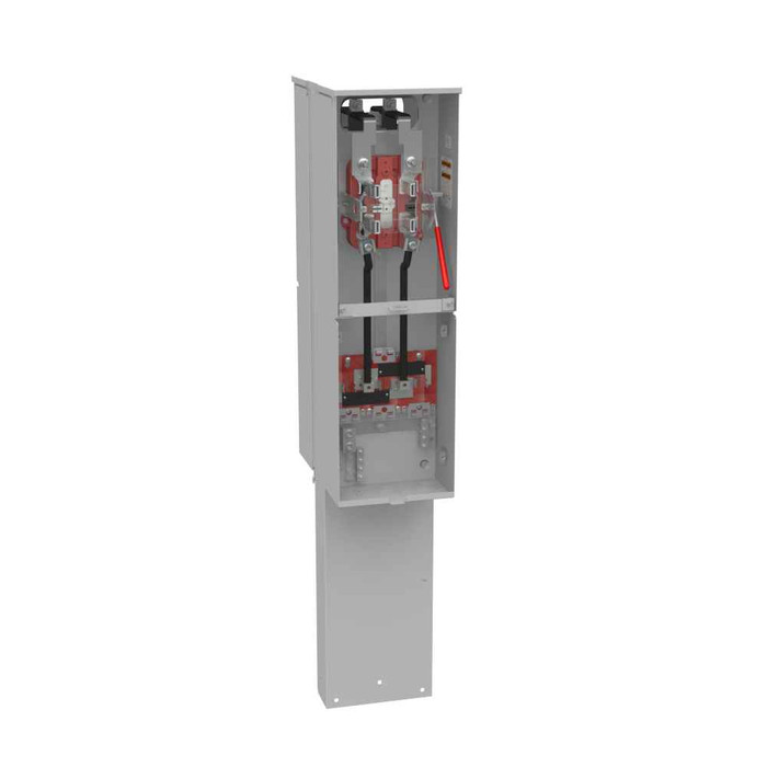 Milbank U4323-O 4 Terminal Ringless Meter Socket With Main And Load Center Plain Top Lever Bypass 2 Main Breaker Provision Double Pedestal Direct Bury