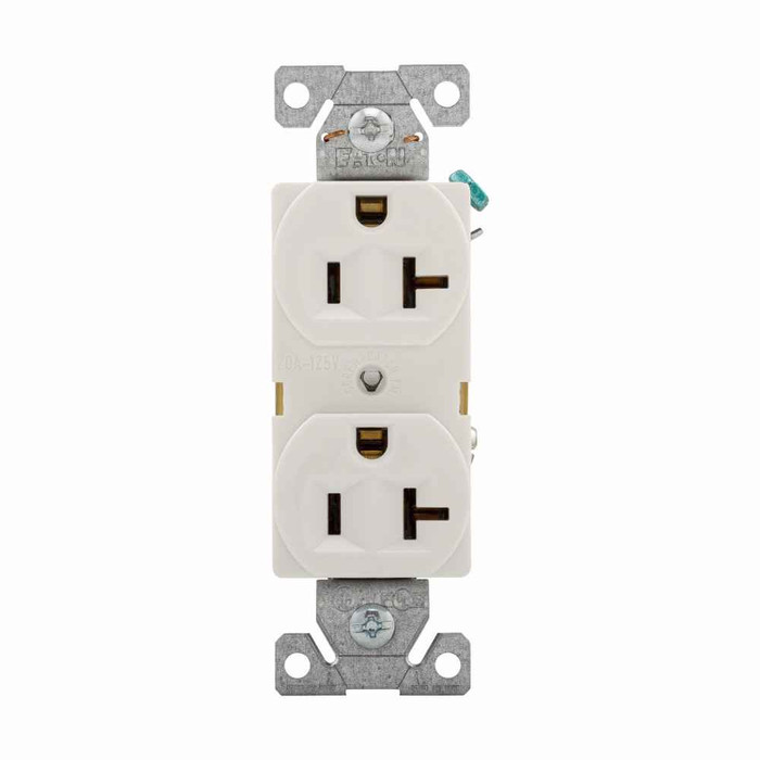 Eaton Arrow Hart heavy-duty industrial specification grade duplex receptacle, #14-10 AWG, 20A, Industrial, Flush, 125V, Back and side, Brass, Nylon, 5-20R, Duplex, Screw, Glass-filled nylon