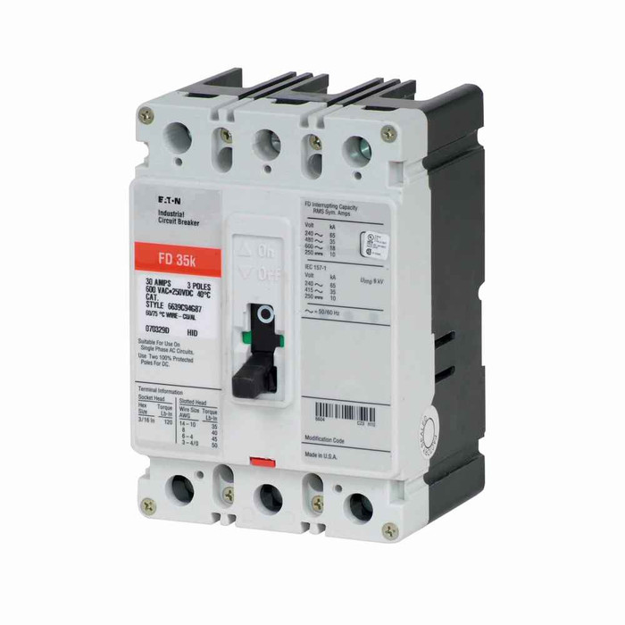 Eaton Molded Case Circuit Breaker Series C 100A Three-Pole 600V AC Fixed Thermal Magnetic FD Type