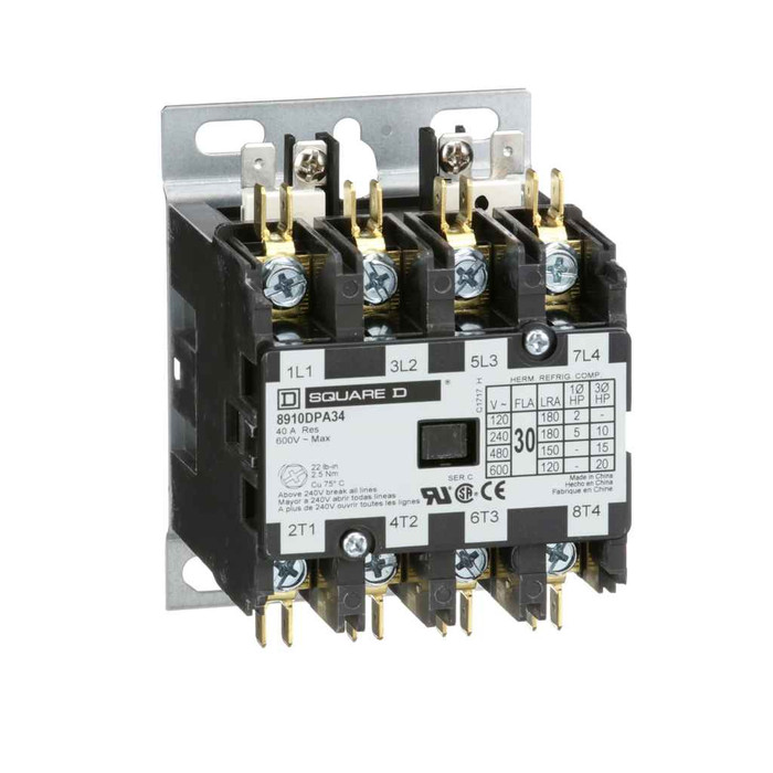 Schneider Contactor, Definite Purpose, 30A, 4 Pole, 20HP at 575VAC, 3 Phase